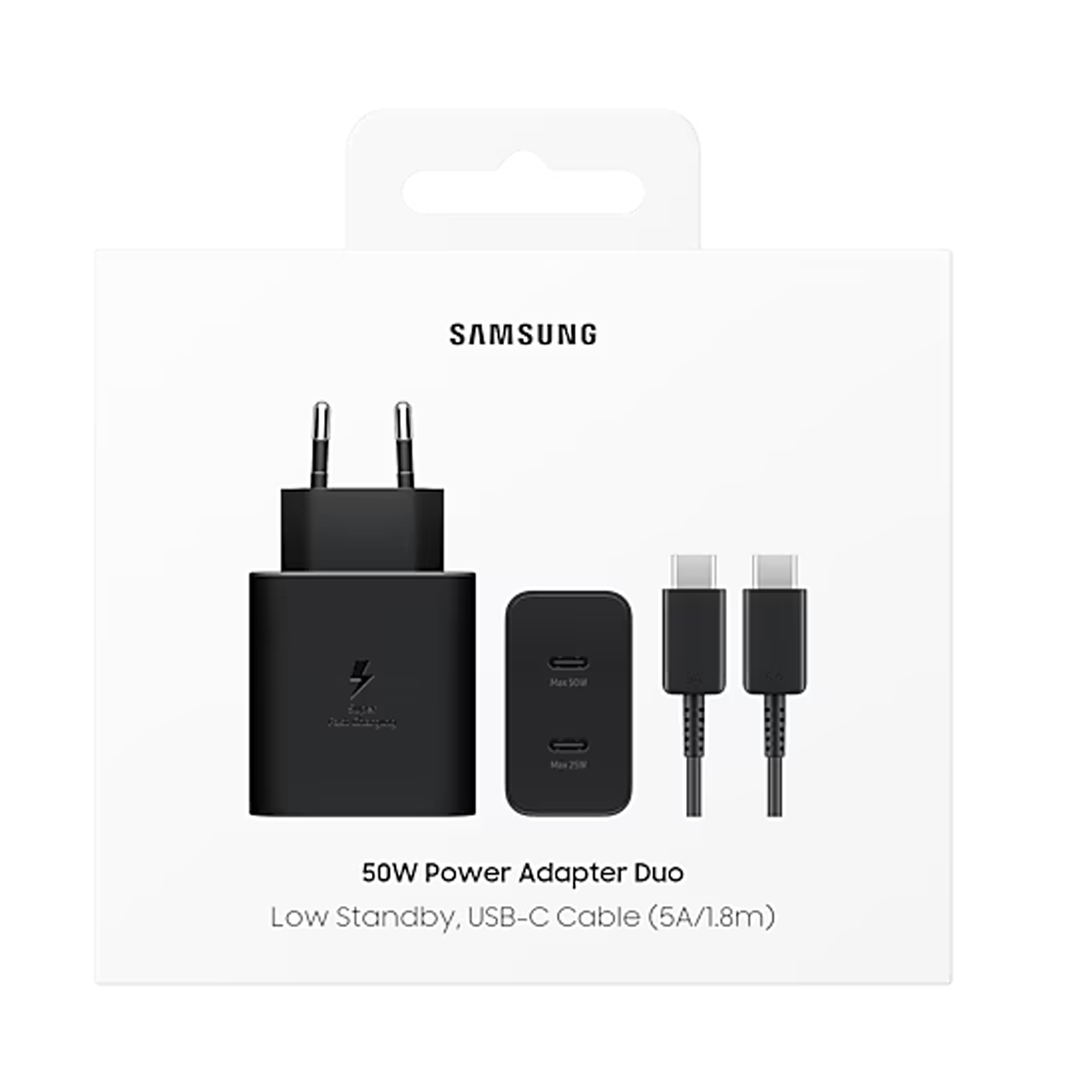 Adattatore di alimentazione Samsung Duo T5020XBE USB-C da 50 W con cavo dati, nero